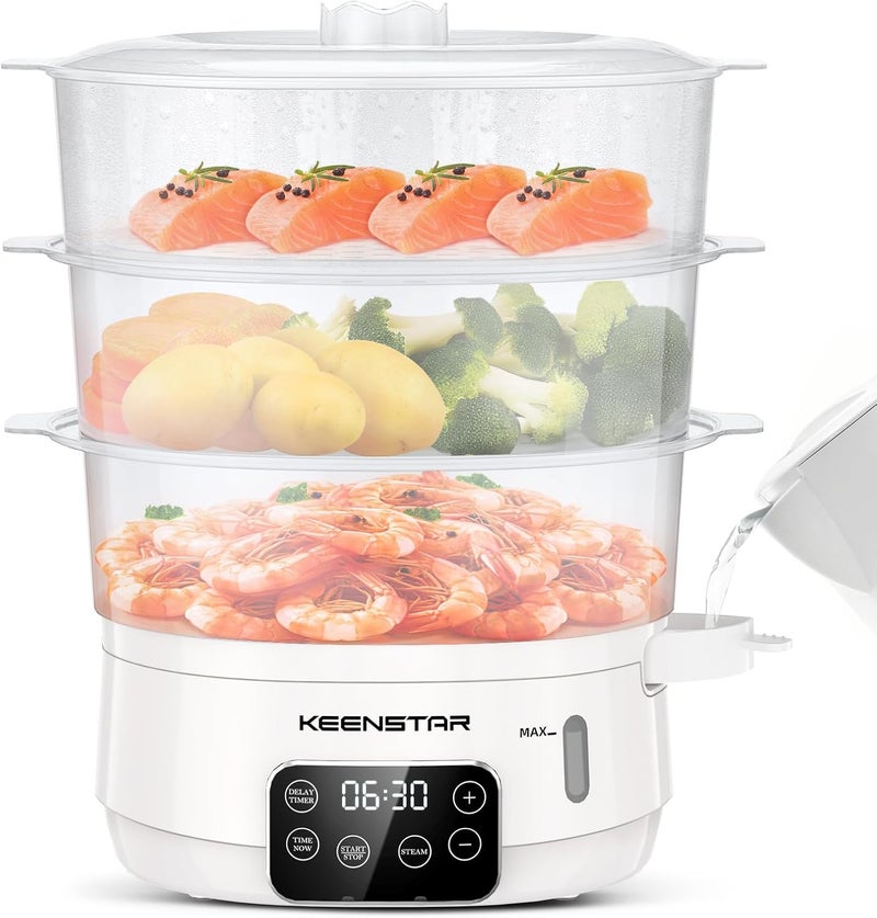 KEENSTAR بخار طعام كهربائي، بخار خضار سعة 13.7QT مع سلال خالية من BPA بثلاثة مستويات، بخار رقمي مع مؤقت وتعيين، طهي متزامن 800 واط، مثالي للخضار والمأكولات البحرية والأرز الأبيض - Image 1